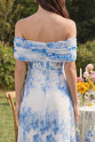 Off the Shoulder Ruched Blue Floral A Line Wedding Guest Dress with Slit