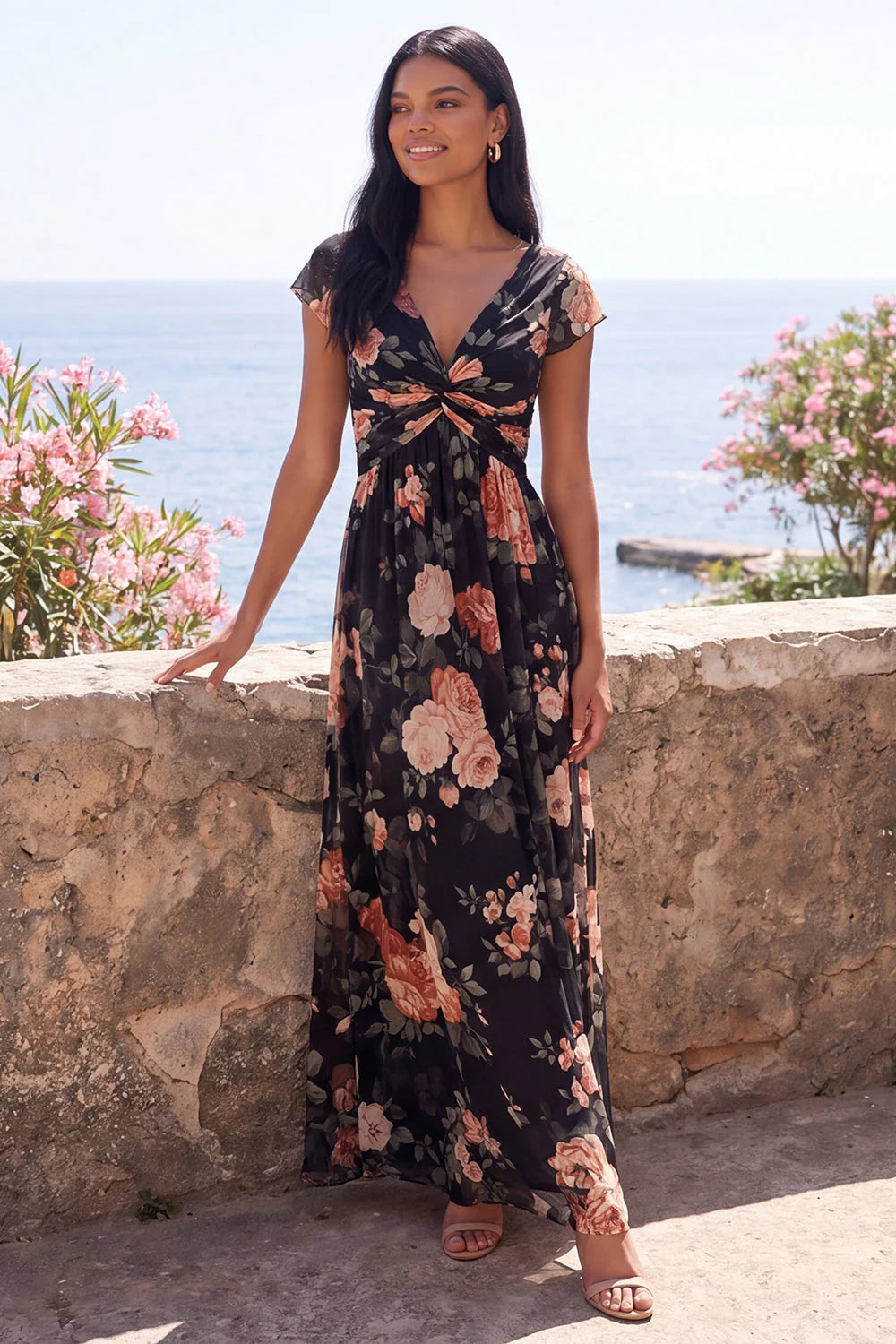 Black V Neck Floral Wedding Guest Dress with Twist Front