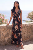 Black V Neck Floral Wedding Guest Dress with Twist Front