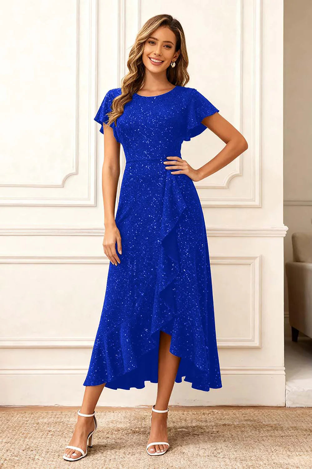 Glitter Black A Line Round Neck Ruffled Holiday Party Dress