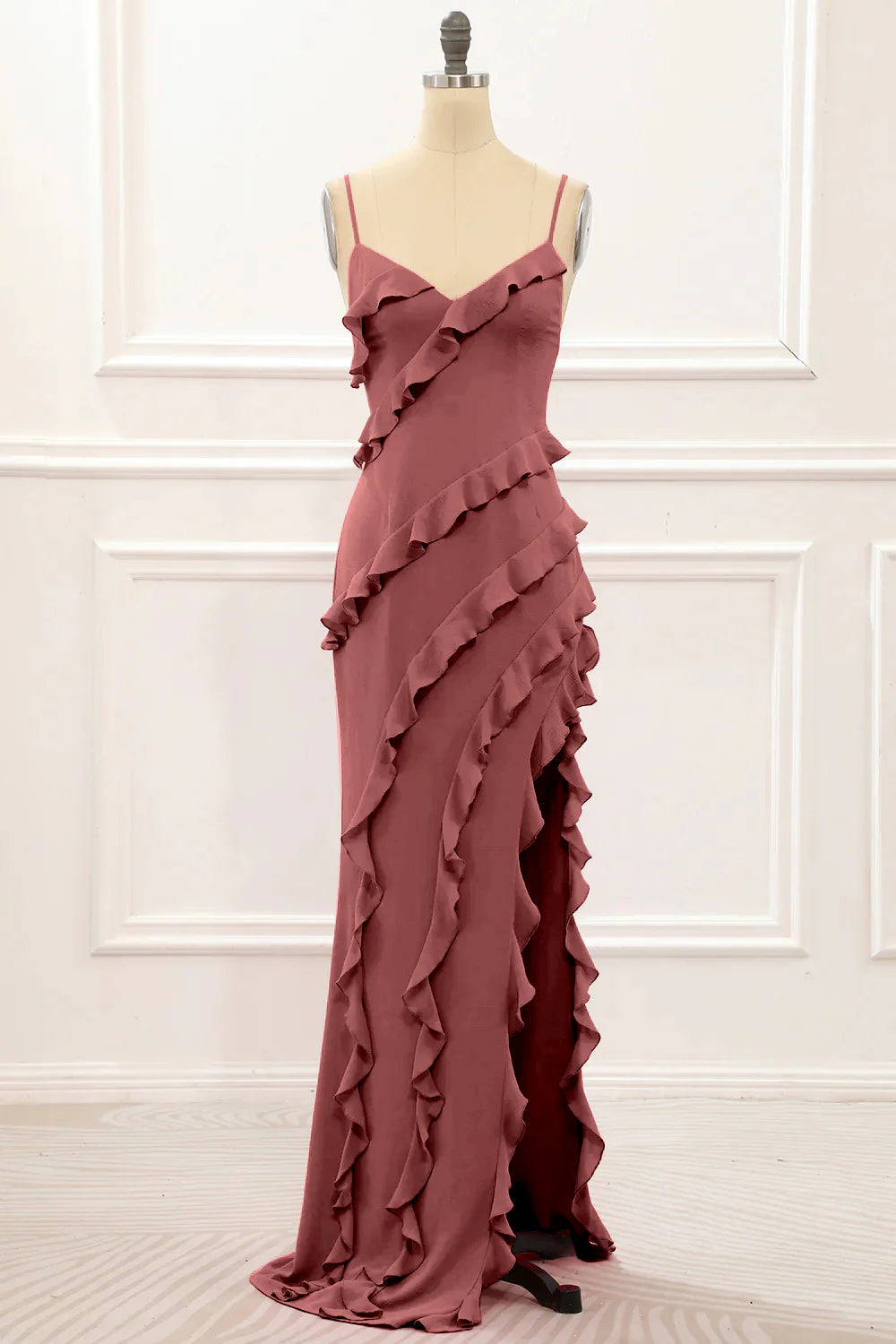 Spaghetti Straps Jade Tiered Mermaid Bridesmaid Dress With Slit