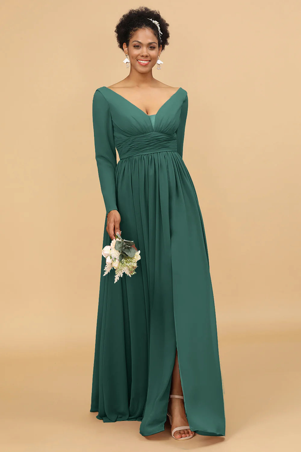 A Line V Neck Long Sleeves Chiffon Bridesmaid Dress with Slit