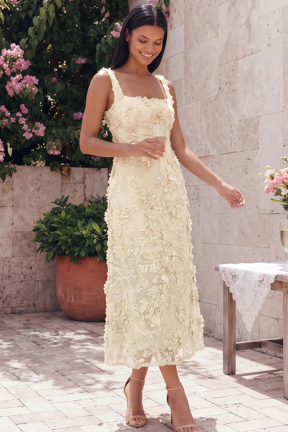 Blue Floral A Line Square Neck Midi Wedding Guest Dress