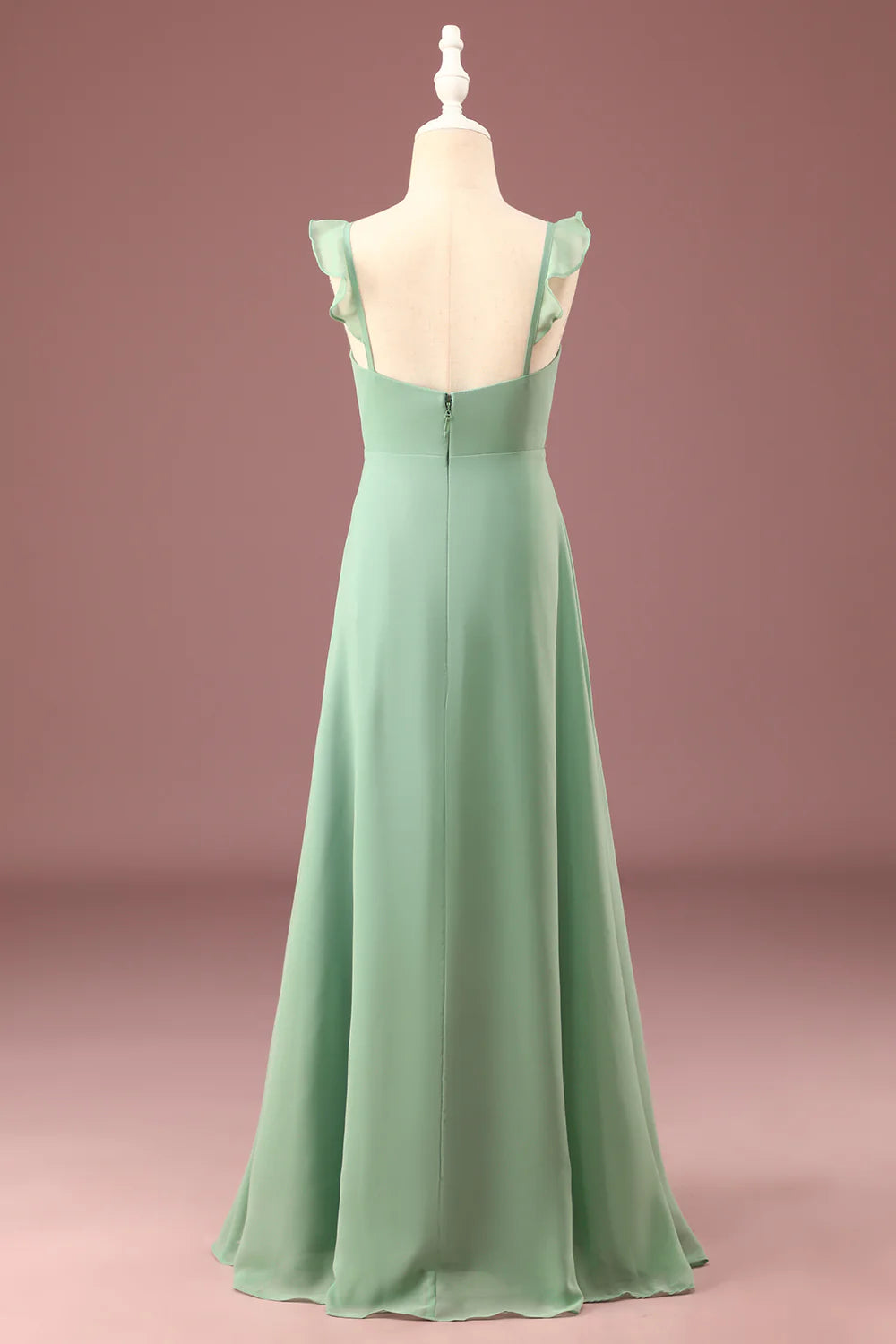A line Long Chiffon Matcha V neck Spaghetti Straps Junior Bridesmaid Dress