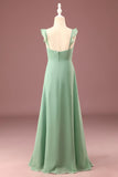 A line Long Chiffon Matcha V neck Spaghetti Straps Junior Bridesmaid Dress