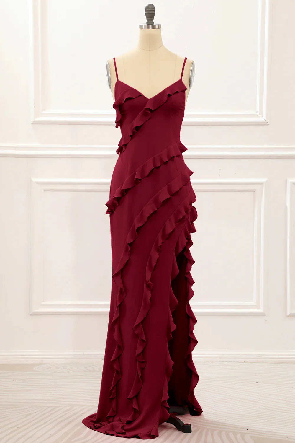 Spaghetti Straps Jade Tiered Mermaid Bridesmaid Dress With Slit