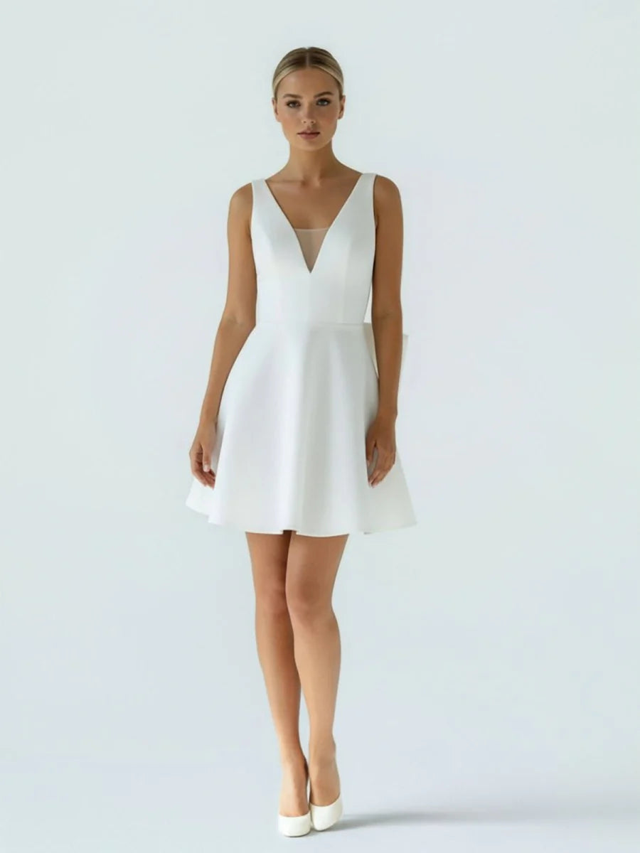 A Line White Satin V Neck Short Wedding Dress with Bow