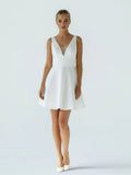 A Line White Satin V Neck Short Wedding Dress with Bow