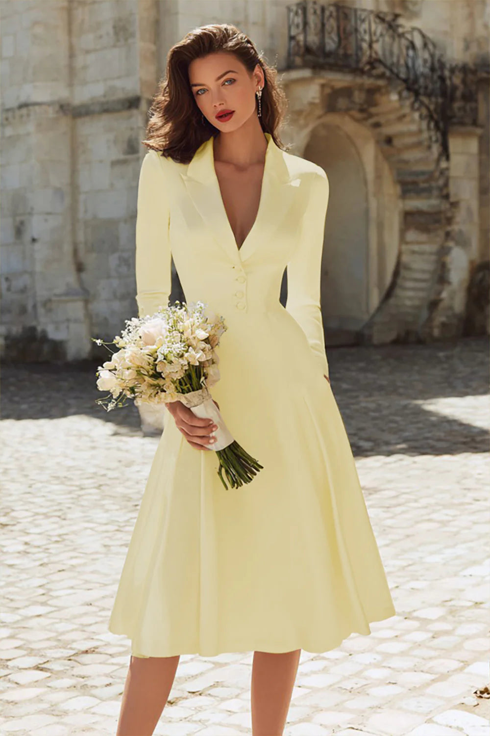 Ivory A Line Satin V Neck Courthouse Wedding Dress