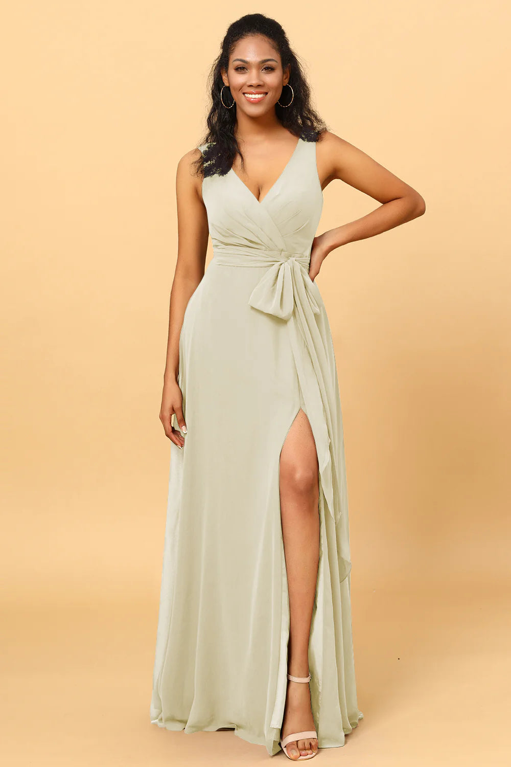 A Line V Neck Sleeveless Long Chiffon Bridesmaid Dress with Slit