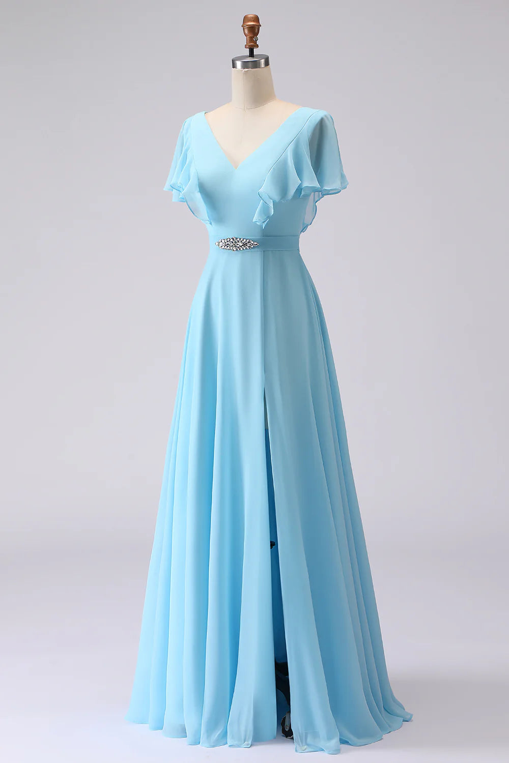 Sky Blue A Line V Neck Rhinestone Ruffled Long Bridesmaid Dress with Slit
