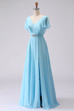 Sky Blue A Line V Neck Rhinestone Ruffled Long Bridesmaid Dress with Slit