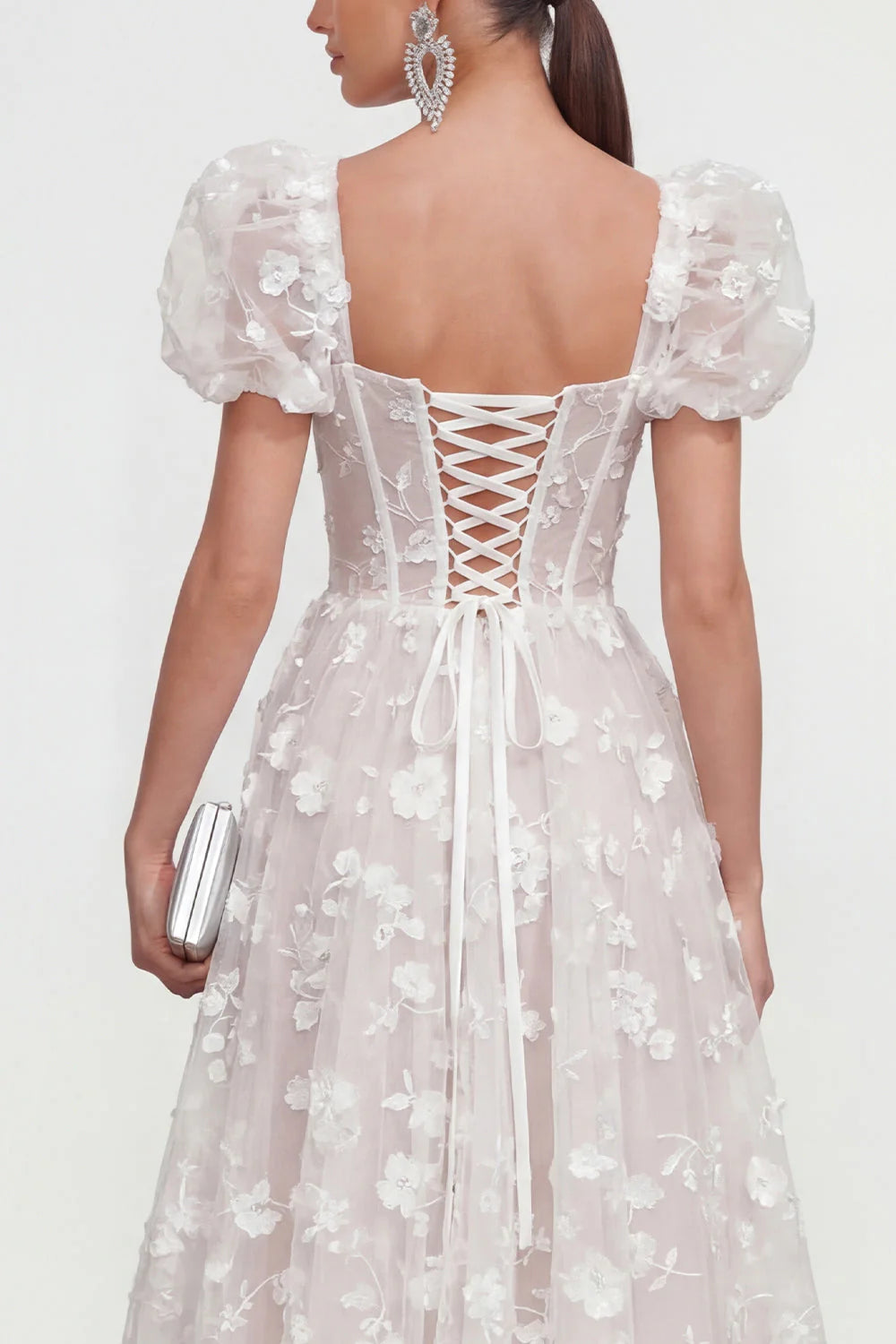 Floral Pink Puff Sleeve A Line Corset Wedding Guest Dress