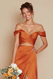 Off the Shoulder Mermaid Orange Cut Out Satin Bridesmaid Dress with Slit