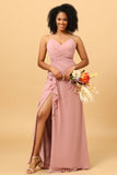 Blush A Line V Neck Chiffon Ruffled Long Bridesmaid Dress with Slit