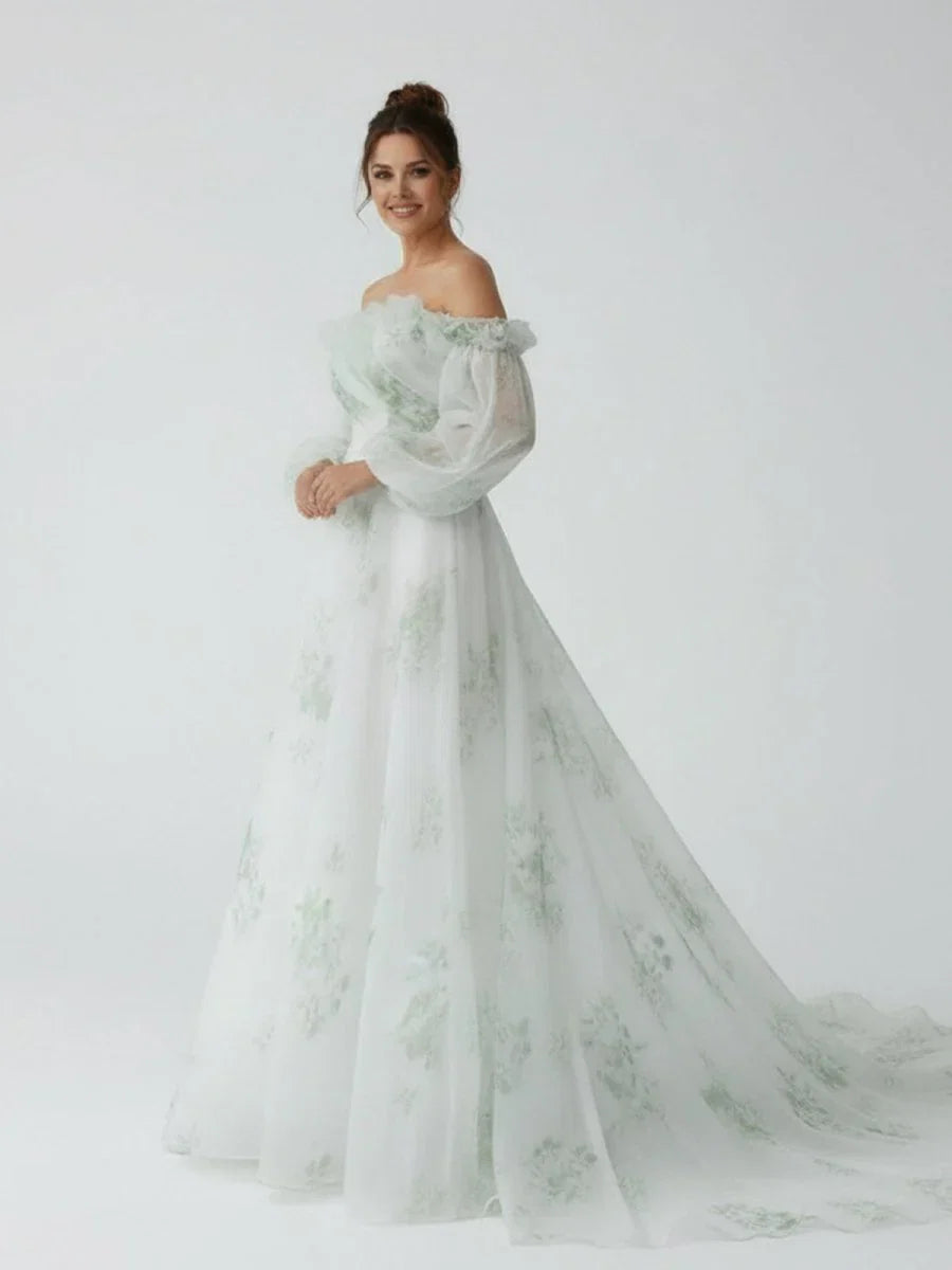 A Line Floral Appliqued Majesty Bridal Wedding Dress with Ruffles