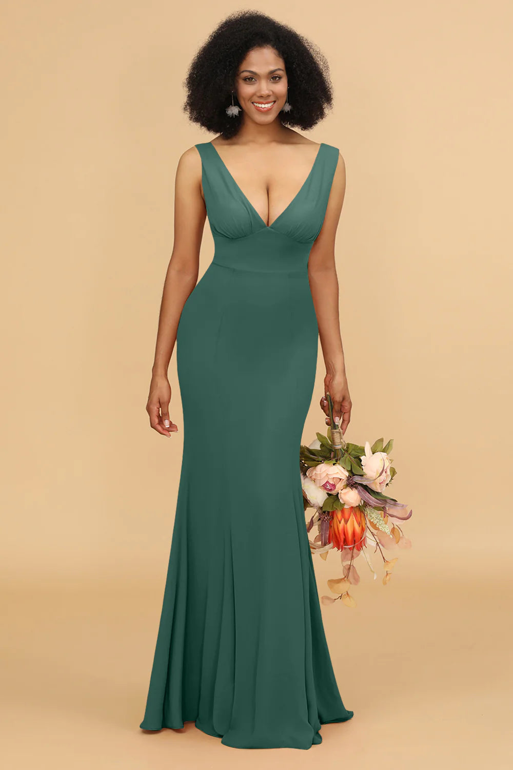 Mermaid V neck Open Back Long Chiffon Bridesmaid Dress With Ruffles