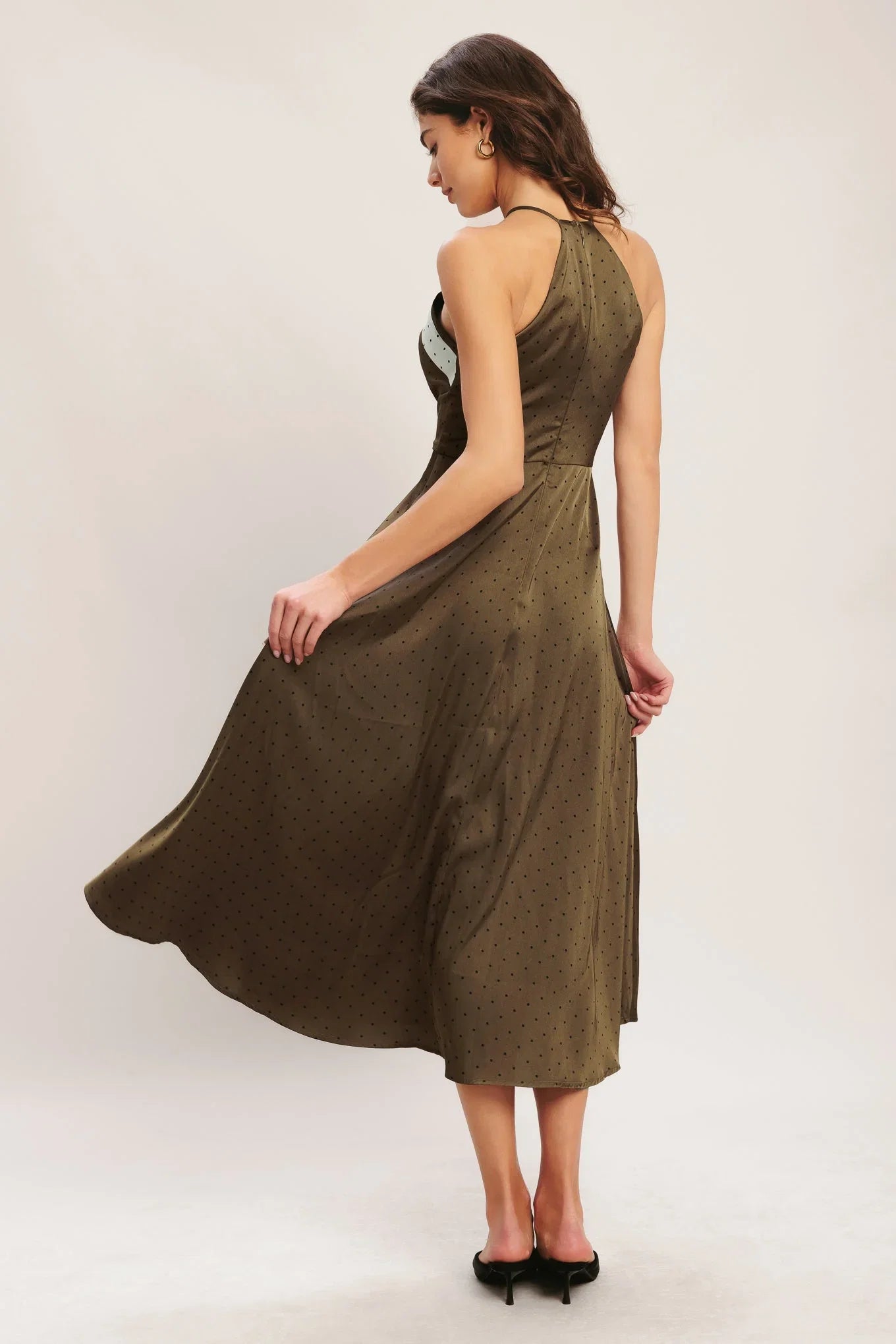 ESPRESSO CHIC HALTER SATIN MIDI DRESS