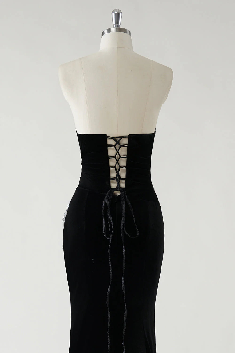Sparkly Black Mermaid Strapless Velvet Bows Long Prom Dress With High Slit