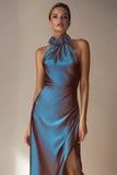 Electric Blue Halter Mermaid Long Formal Dress with Slit