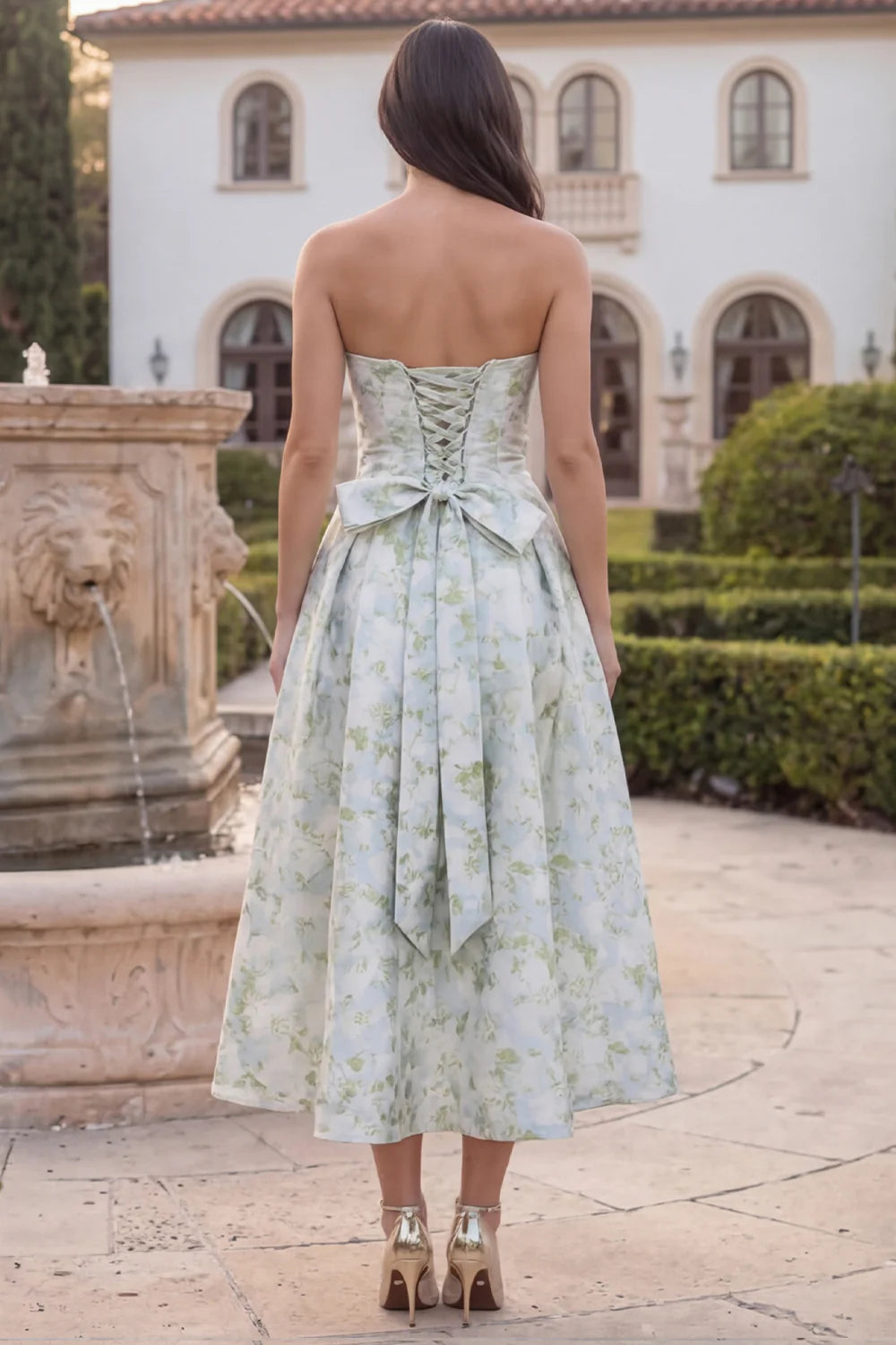 Blue White Flower Strapless A Line Printed Midi Wedding Guest Dress