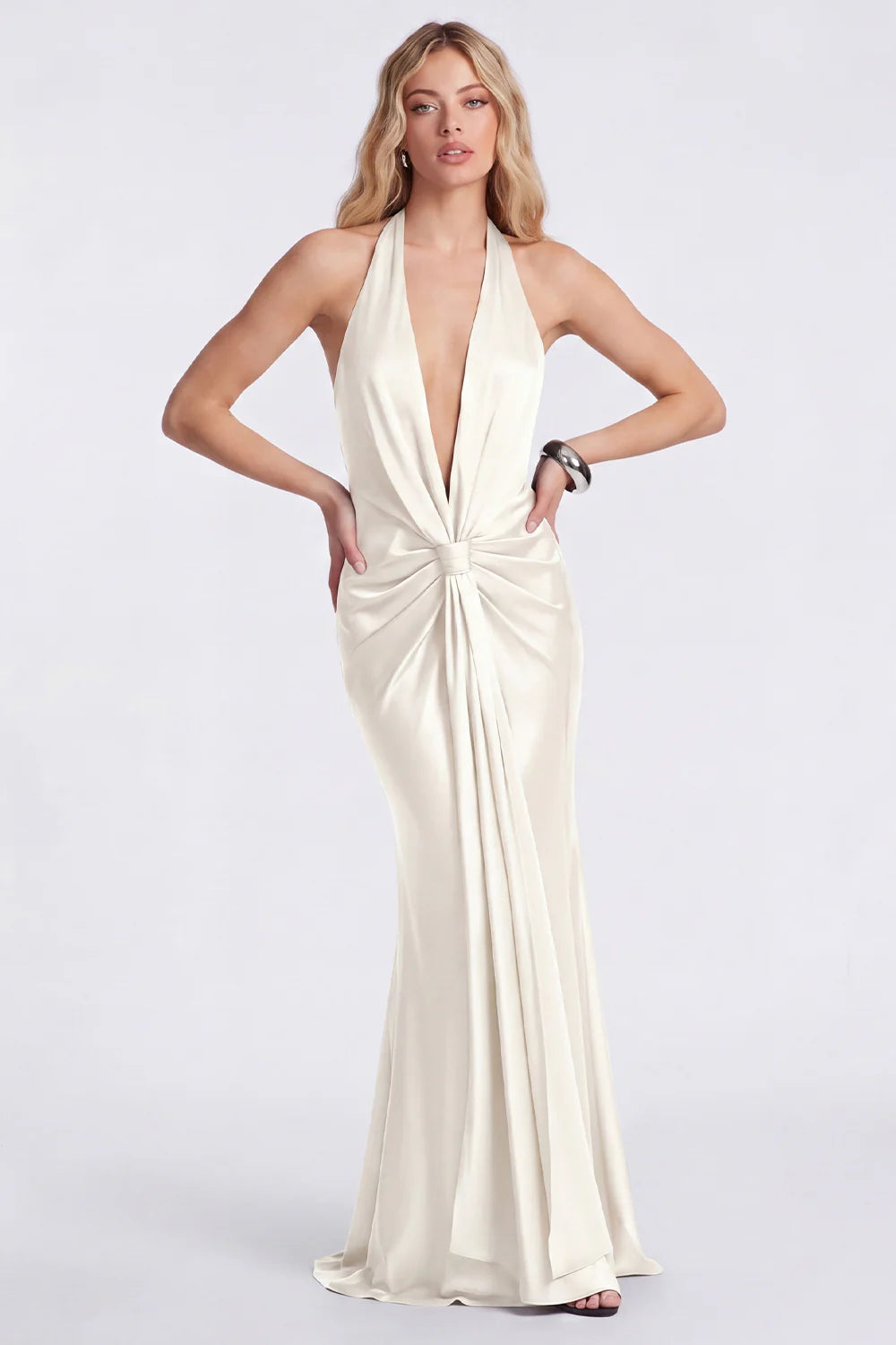 Halter Mermaid Black Ruched Satin Formal Dress