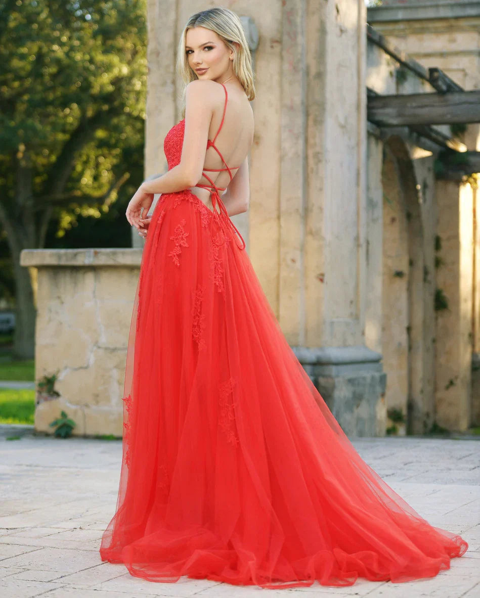 Alisha Gown Red Tulle A line Dress With Open Back