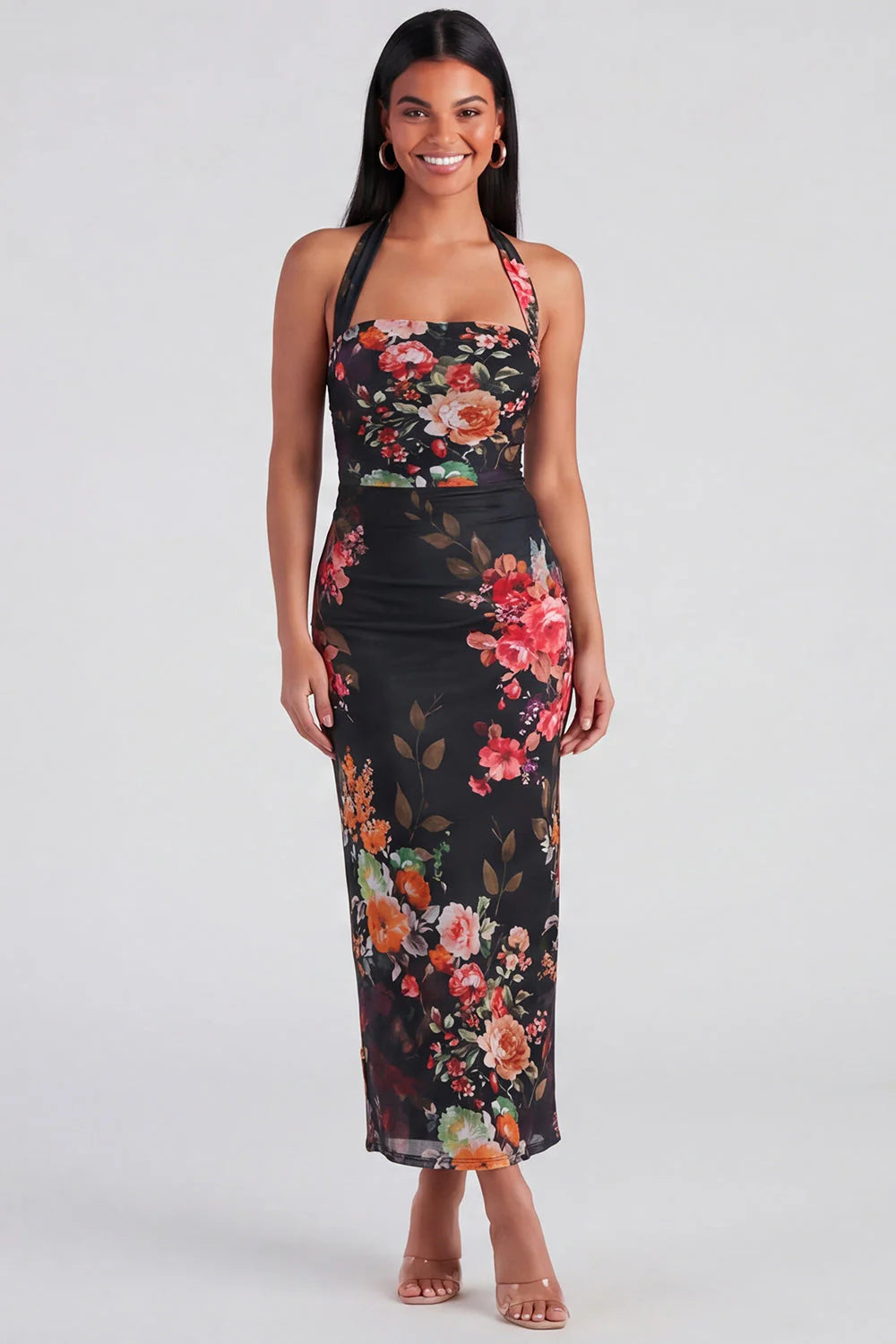 Champagne Halter Floral Wedding Guest Dress