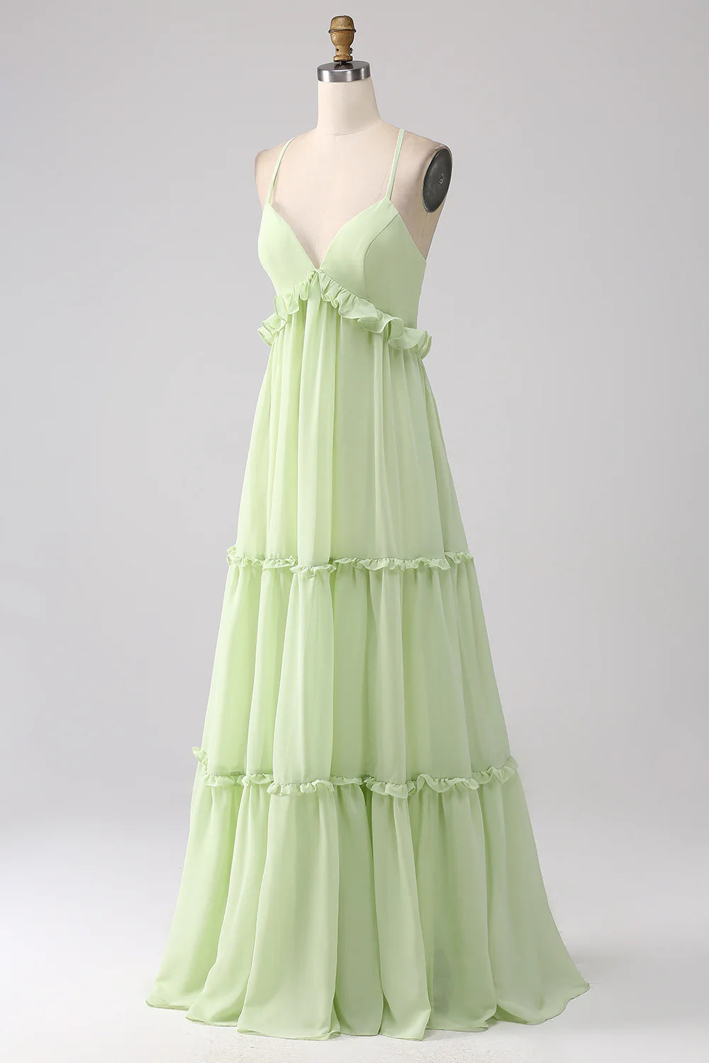 Light Green A Line Spaghetti Straps Backless Long Bridesmaid Dress With Ruffles
