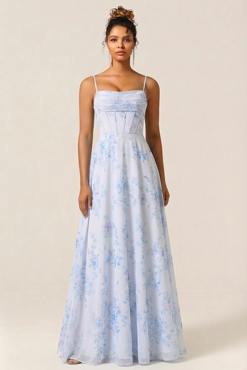 Blue Floral Corset A Line Printed Chiffon Long Bridesmaid Dress
