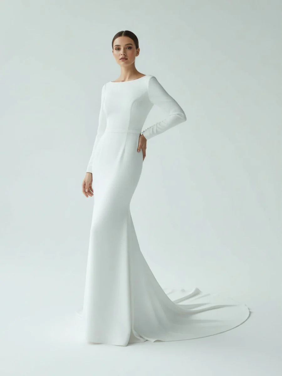 Mermaid Scoop Neck V Back Satin Wedding Dress