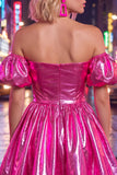 Fuchsia Metallic Off the Shoulder A Line Homecoming Dress with Puff Sleeves