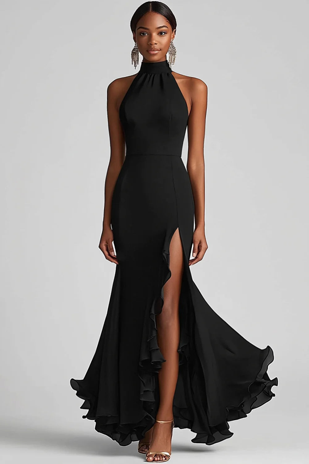 Halter Neck Black Ruffled Mermaid Long Formal Dress with Slit
