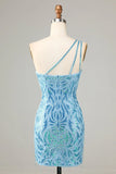 Blue Sheath One Shoulder Sequins Short Homecoming Dress