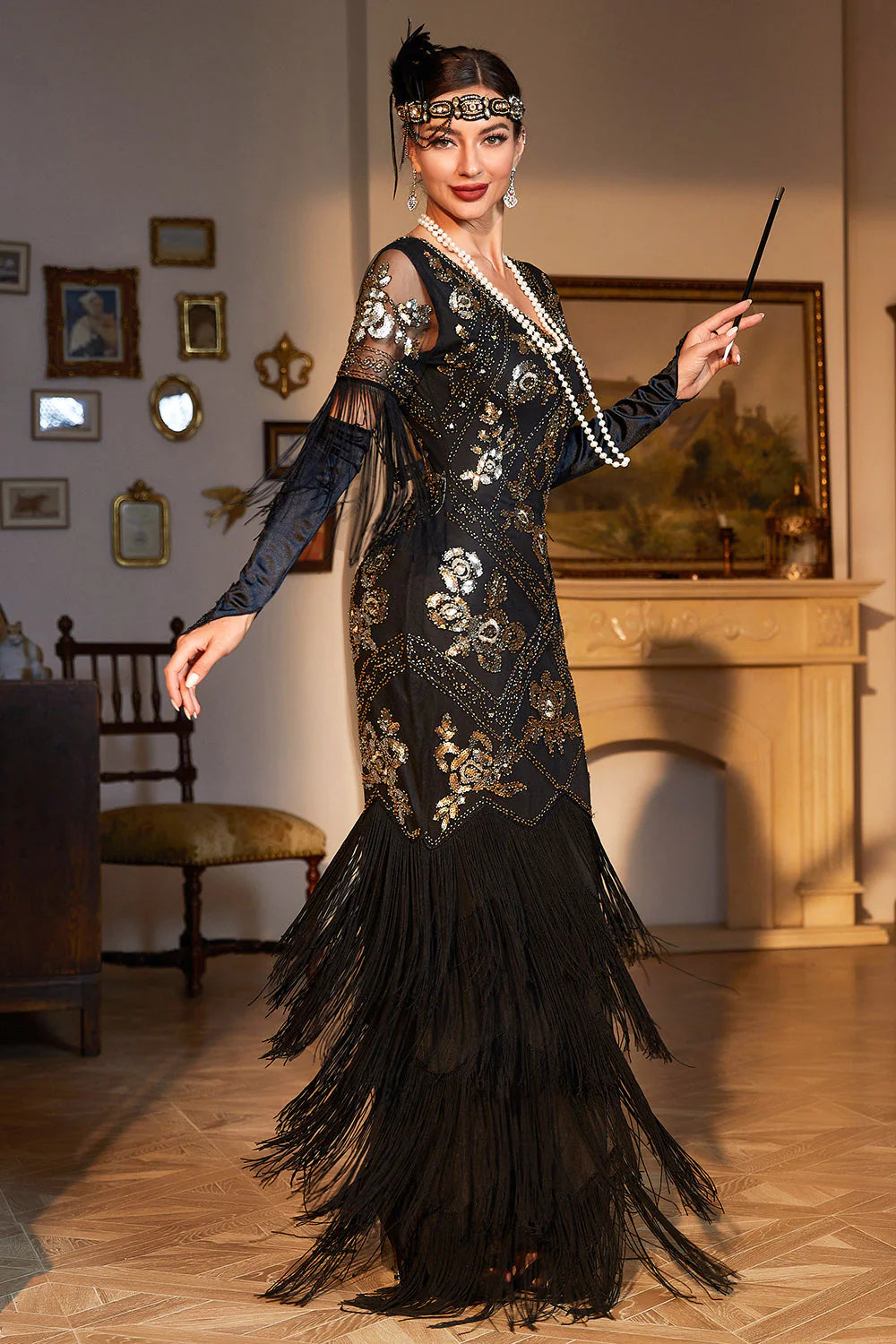 Sheath V Neck Black Sequins Long Party Dress with Fringes