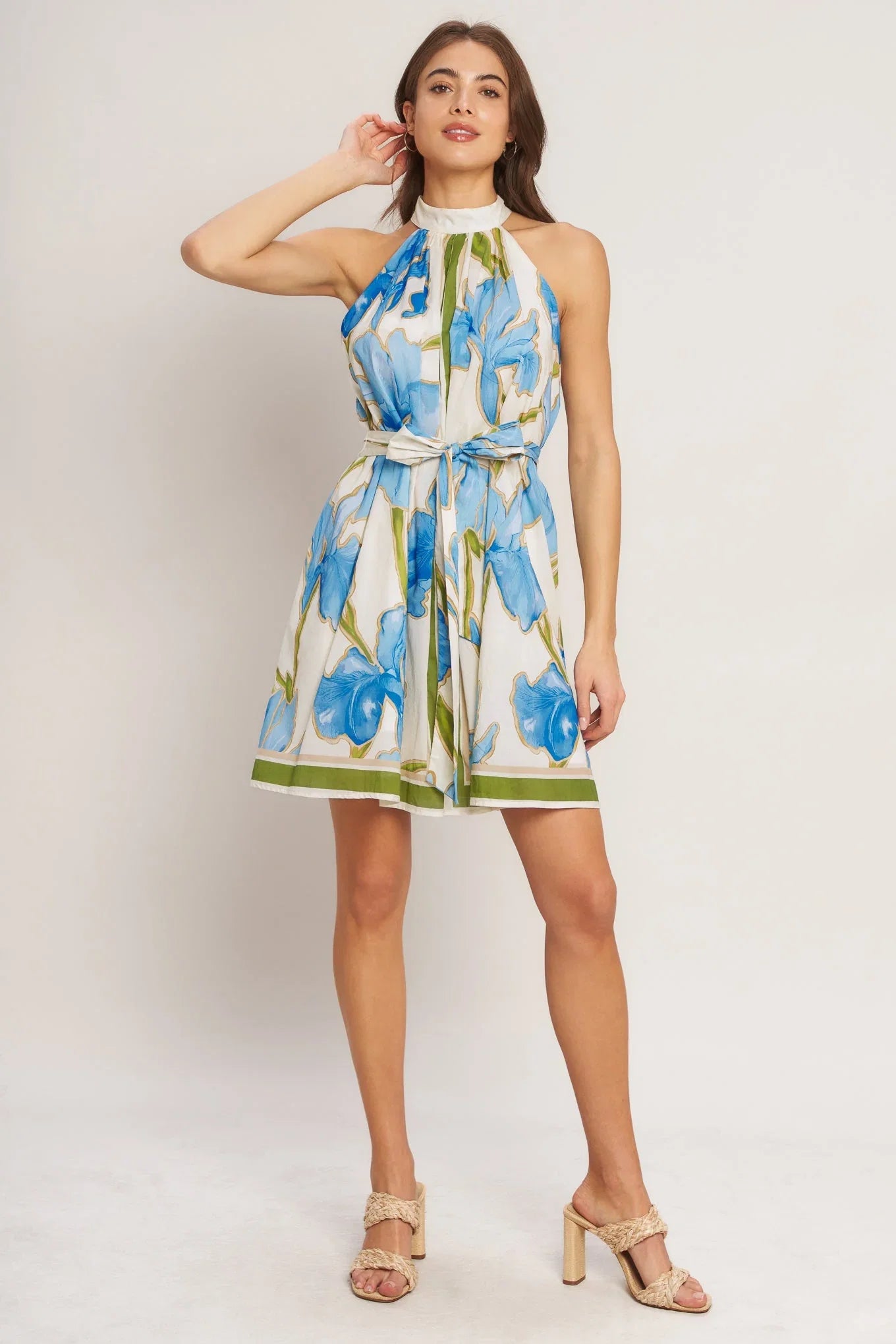AZURE BLOOM HALTER MINI DRESS