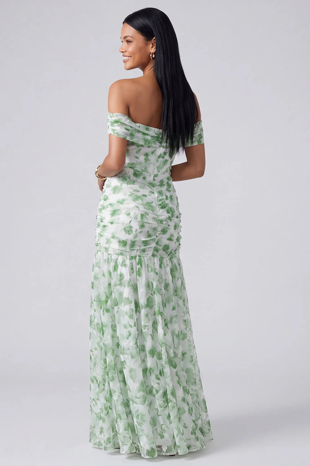 Off the Shoulder Ruched Light Blue Floral Maxi Dress with Slit