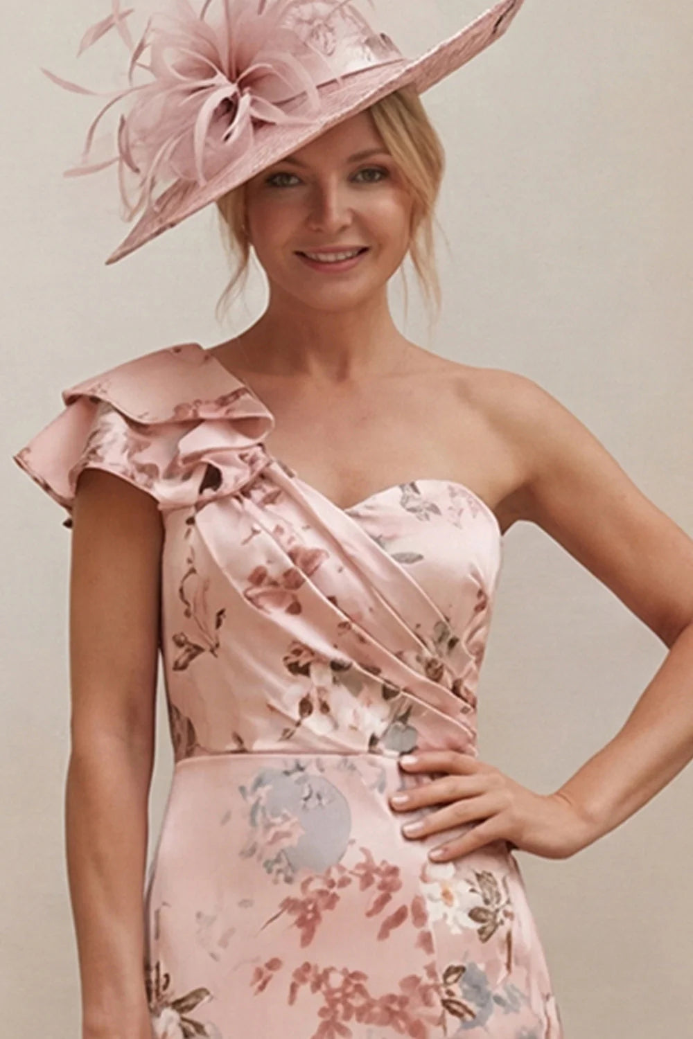 One Shoulder Dusty Rose Floral A Line Mother of the Bride Dress with Slit