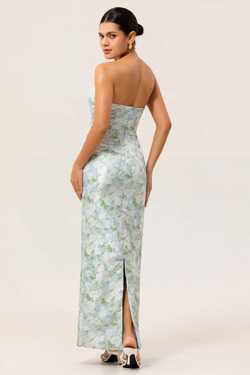 Blue Sheath Strapless White Floral Back Slit Satin Maxi Dress with Pockets