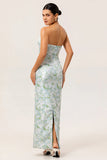 Blue Sheath Strapless White Floral Back Slit Satin Maxi Dress with Pockets