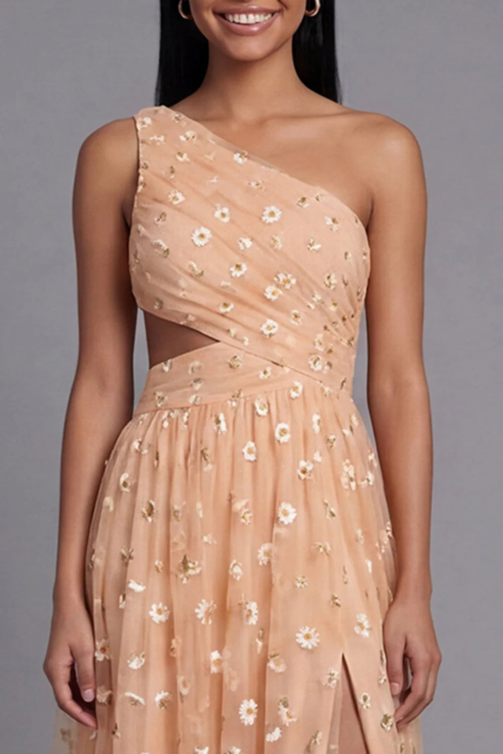 One Shoulder Floral Cut Out Light Orange Wedding Guest Dress
