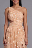 One Shoulder Floral Cut Out Light Orange Wedding Guest Dress