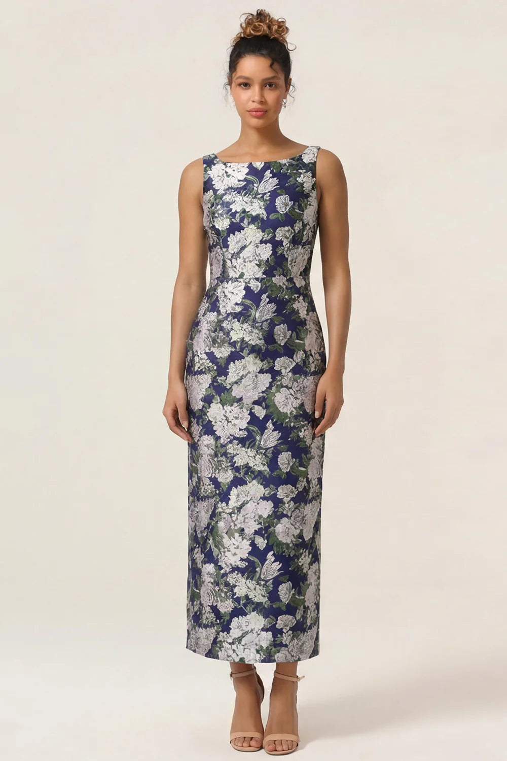 Navy Flower Sheath Printed Ankle Length Wedding Guest Dress with Slit