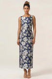 Navy Flower Sheath Printed Ankle Length Wedding Guest Dress with Slit
