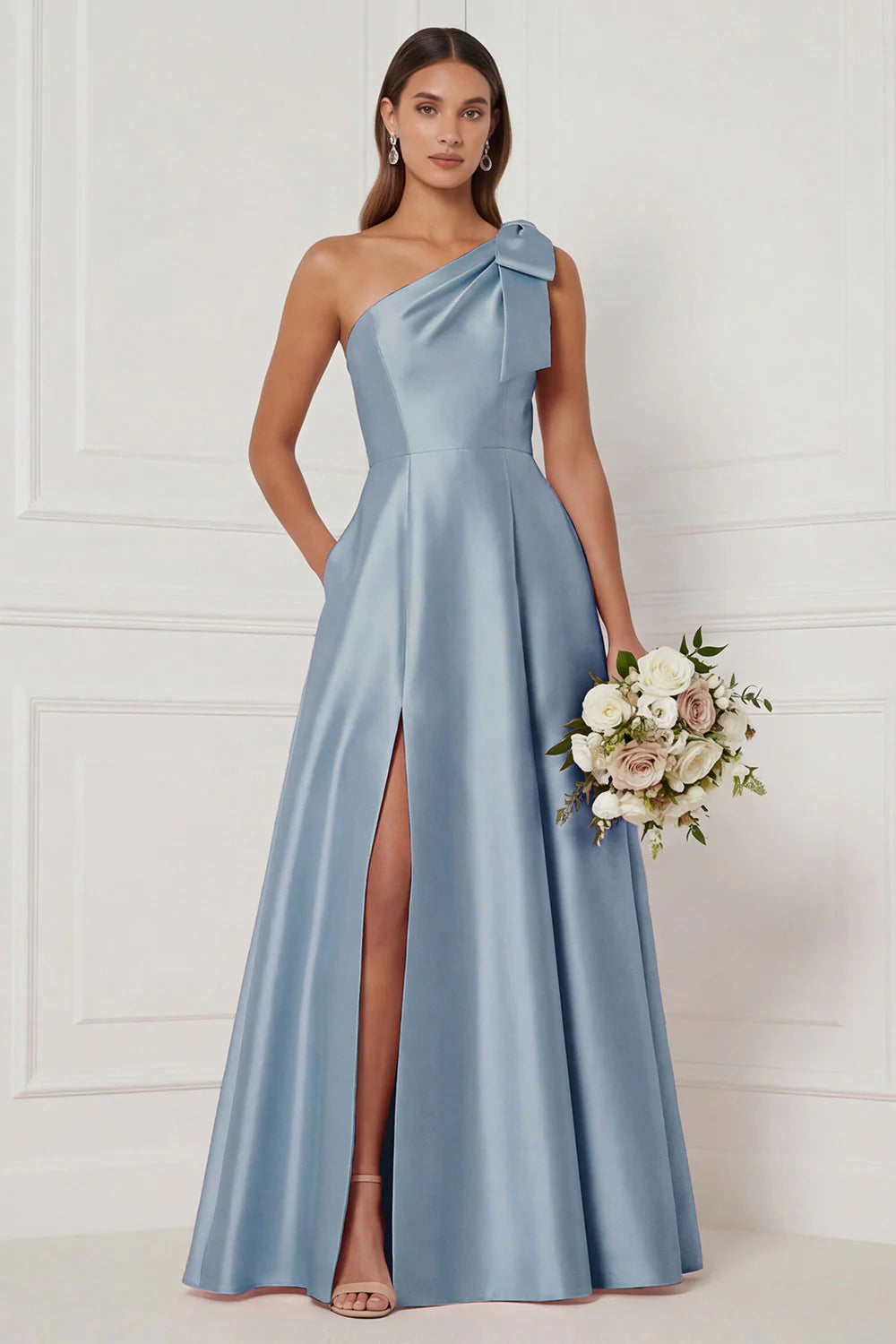 One Shoulder A Line Satin Pink Bridesmaid Dress with Slit