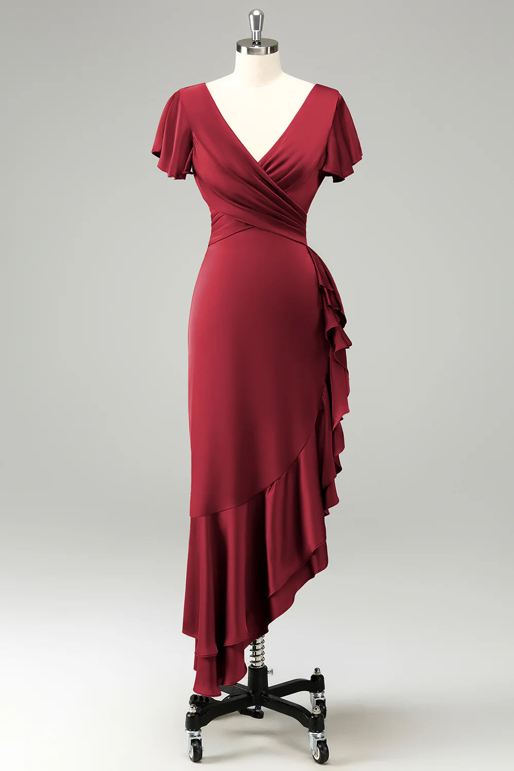 Elegant Dusty Sage A Line V Neck Short Sleeves Asymmetrical Bridesmaid Dress with Ruffles