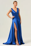 A Line V Neck Satin Ruched Long Ink Blue Bridesmaid Dress with Slit