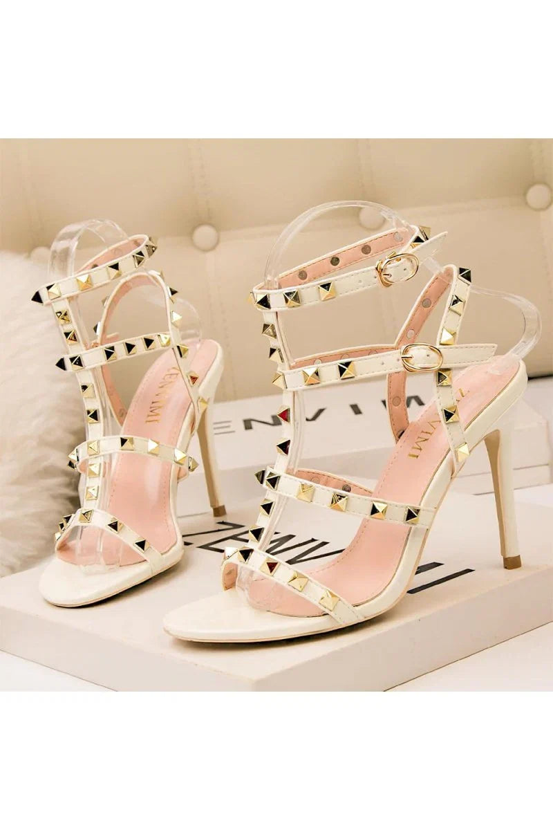 Studded Strappy Leather Open Toe High Heels