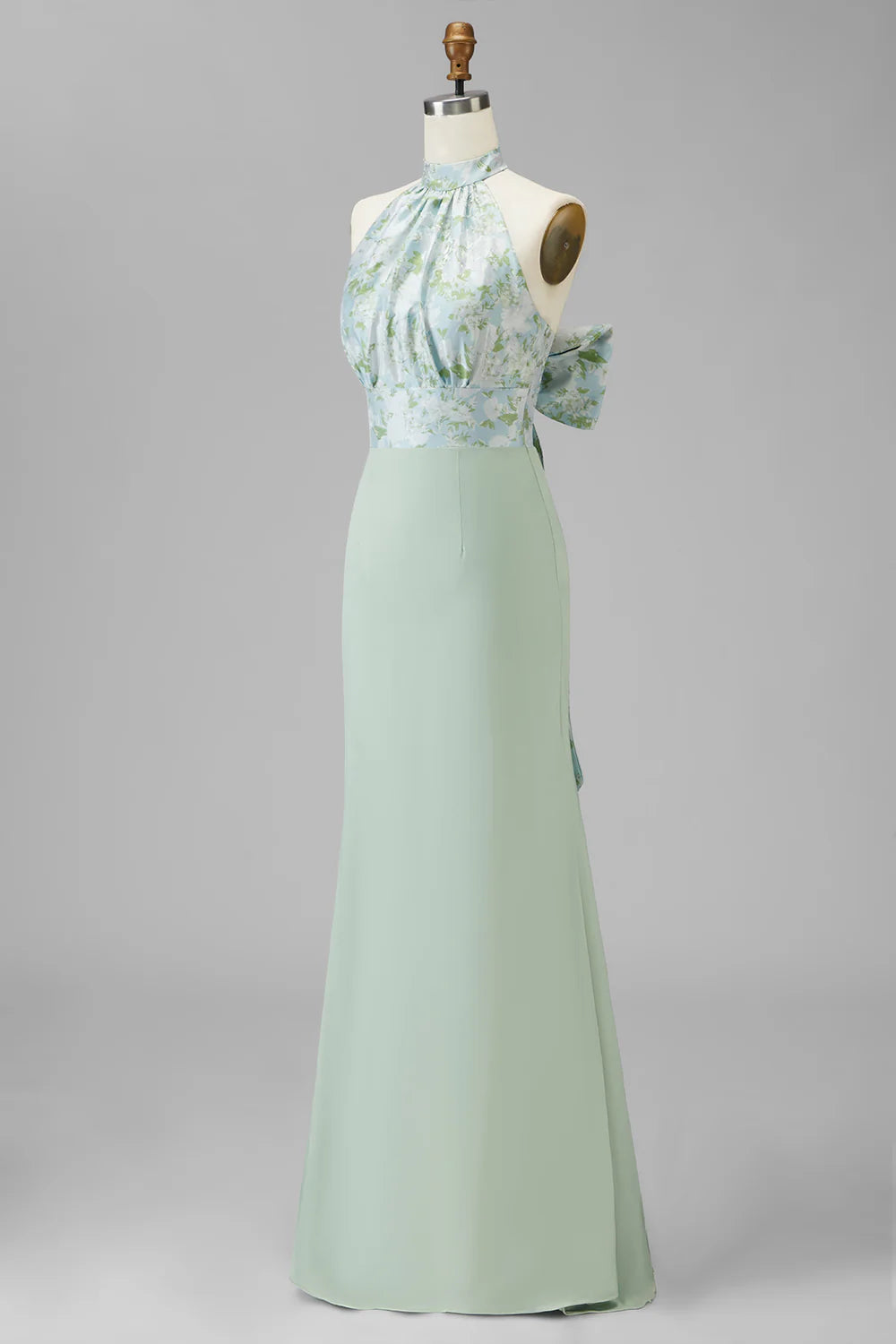 Green Printed Mermaid Halter Satin Bridesmaid Dress with Bow