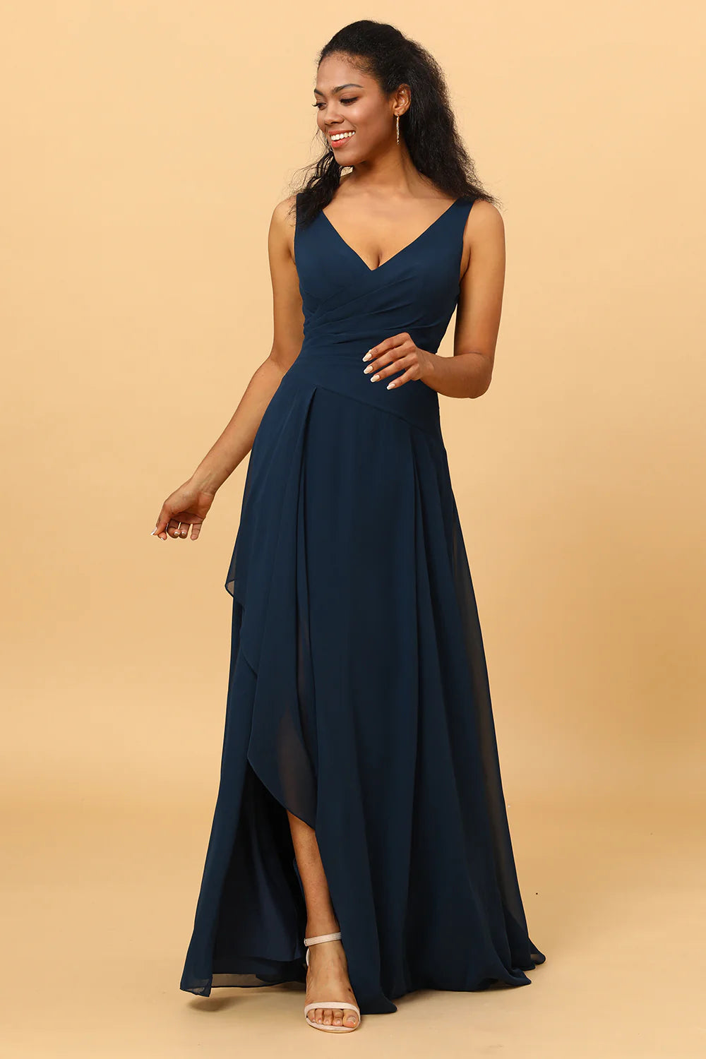 Dark Navy A Line V Neck Floor Length Chiffon Bridesmaid Dress With Slit